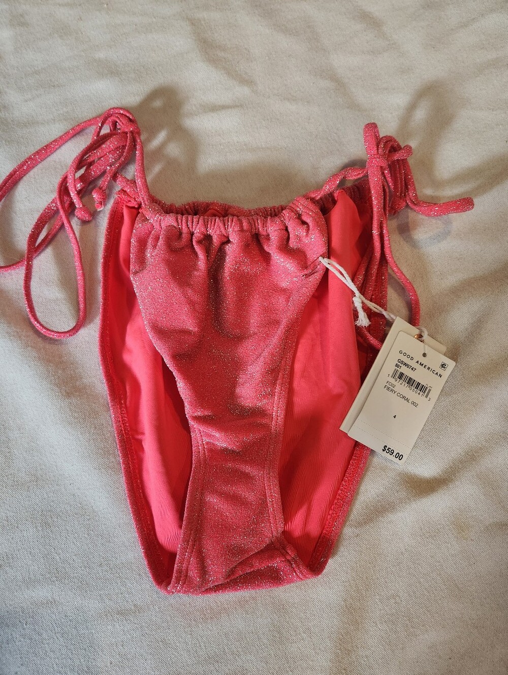 Good American Fiery Coral Metallic String Bikini Bottom Size 4 NWT